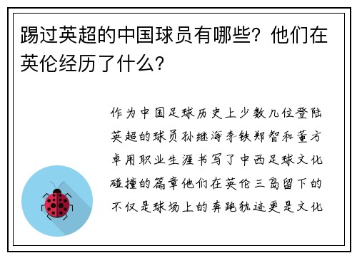 踢过英超的中国球员有哪些？他们在英伦经历了什么？